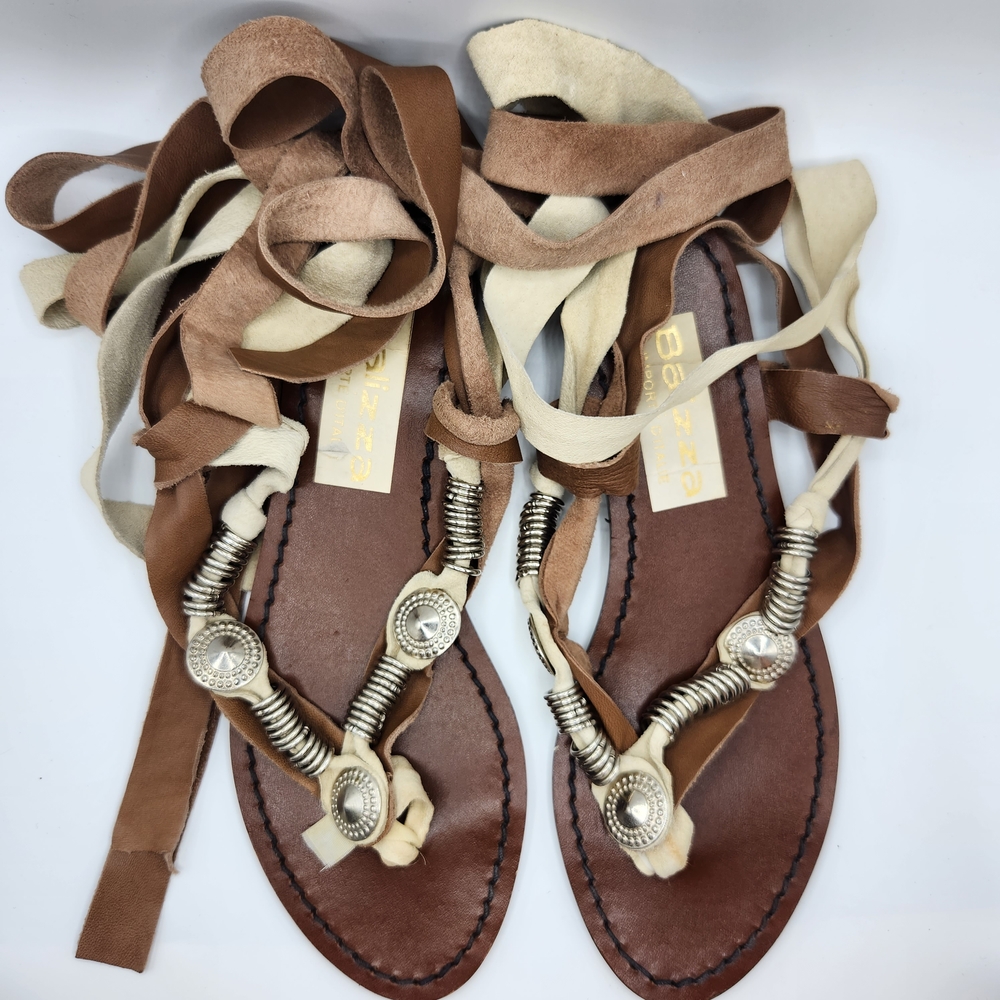Tan and Cream Genuine Leather Women's Boho Sandals
